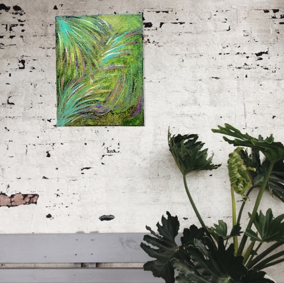 Original Acrylic Peacock Palm Feathers Abstract Painting Gallery Canvas 11x14 - Picture 2 of 14